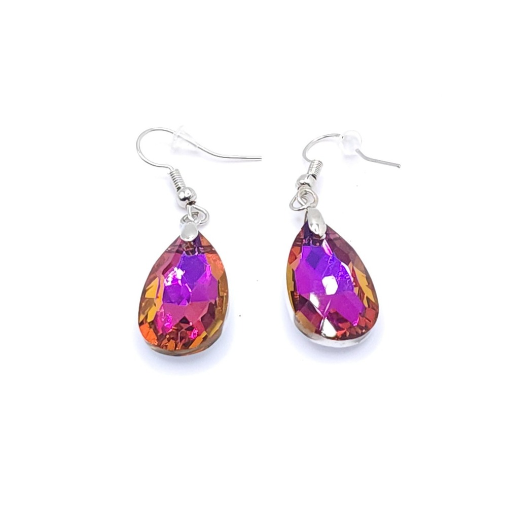 Rainbow Purple Crystal Dangle Earrings – Teardrop Hook Drop Sparkling Jewelry